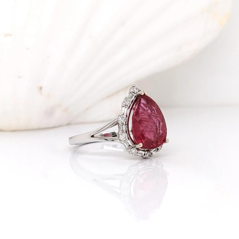 Pear Cut Pear Shaped Pink Tourmaline W a Mixed Diamond Halo Ring in 14K White Gold For Sale