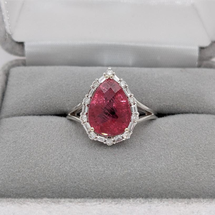 Pear Shaped Pink Tourmaline W a Mixed Diamond Halo Ring in 14K White Gold For Sale 1