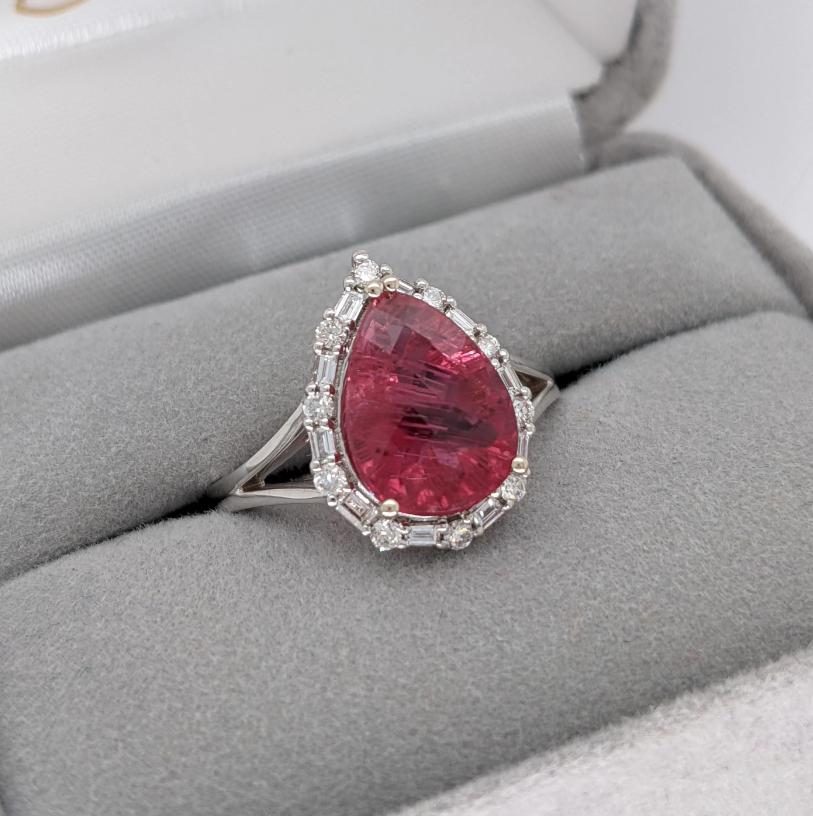 Pear Shaped Pink Tourmaline W a Mixed Diamond Halo Ring in 14K White Gold For Sale 2