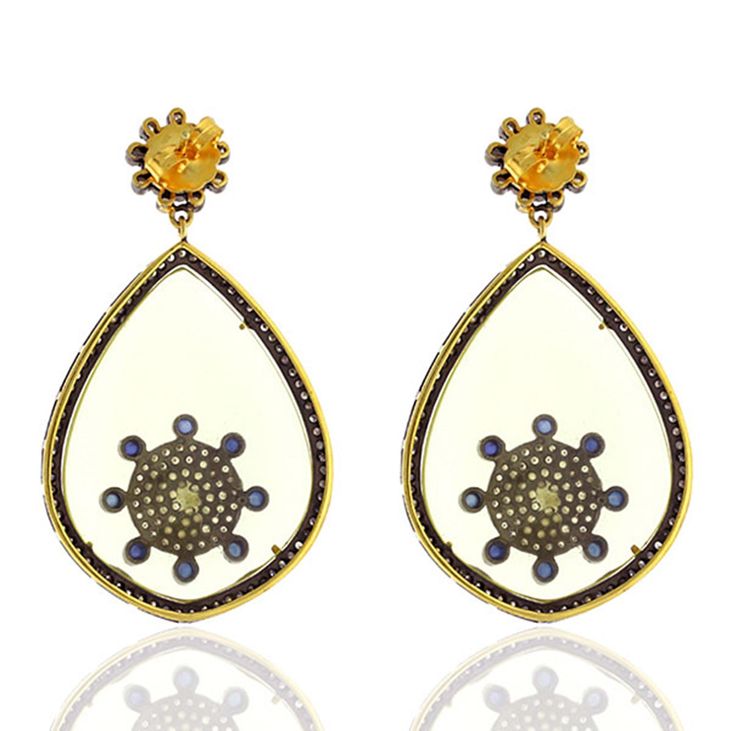 Contemporary Pear Shaped Quartz & Sapphire Earrings with Pave Diamonds in 18k Gold & Silver For Sale