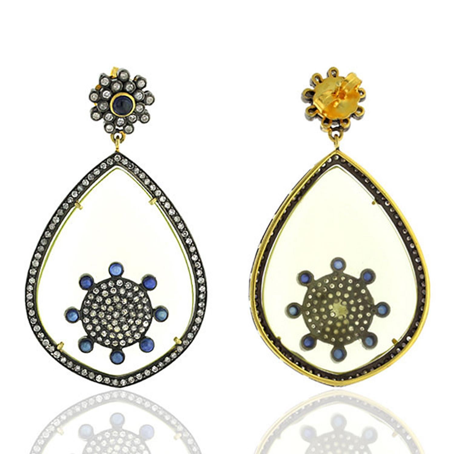 Mixed Cut Pear Shaped Quartz & Sapphire Earrings with Pave Diamonds in 18k Gold & Silver For Sale