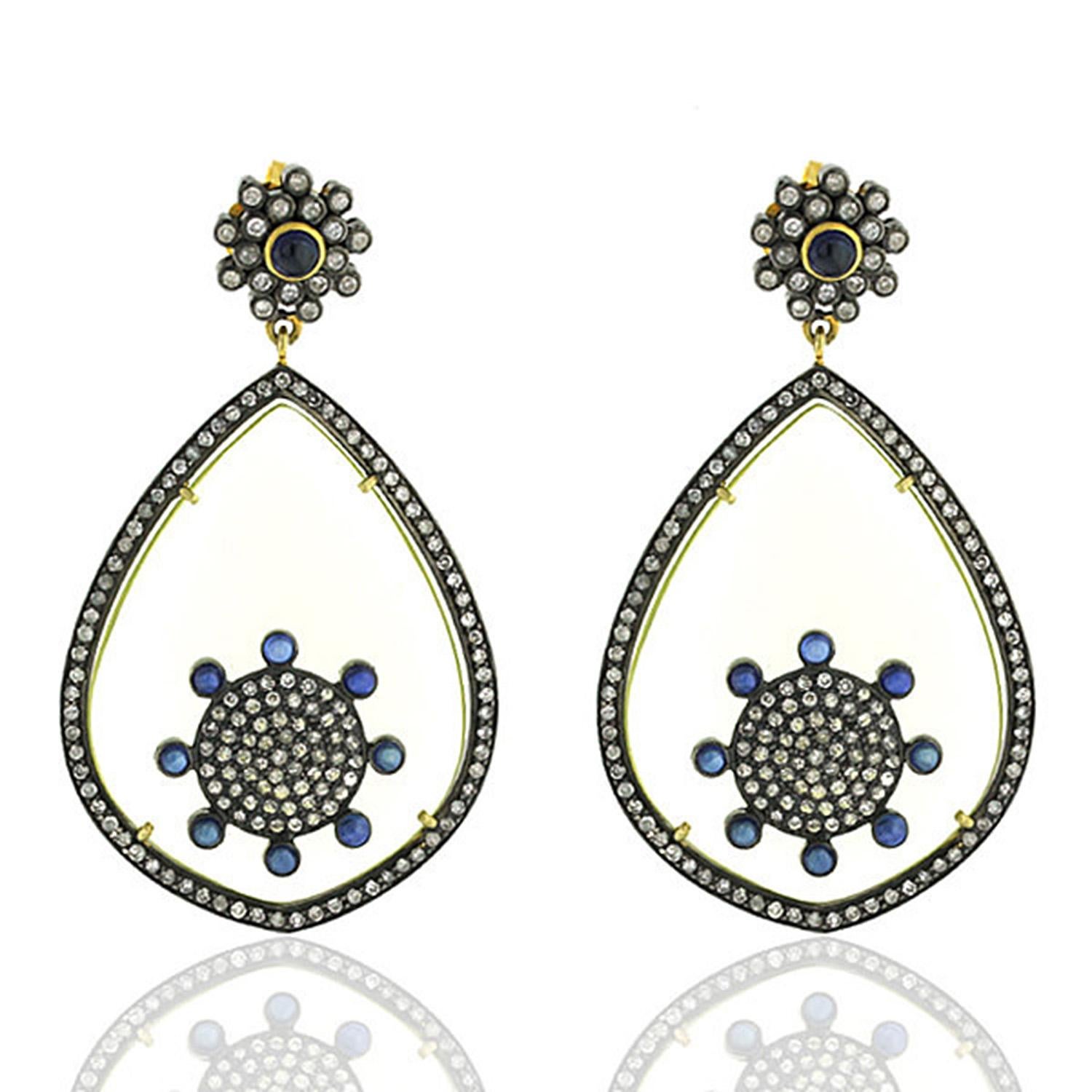Mixed Cut Pear Shaped Quartz & Sapphire Earrings with Pave Diamonds in 18k Gold & Silver For Sale