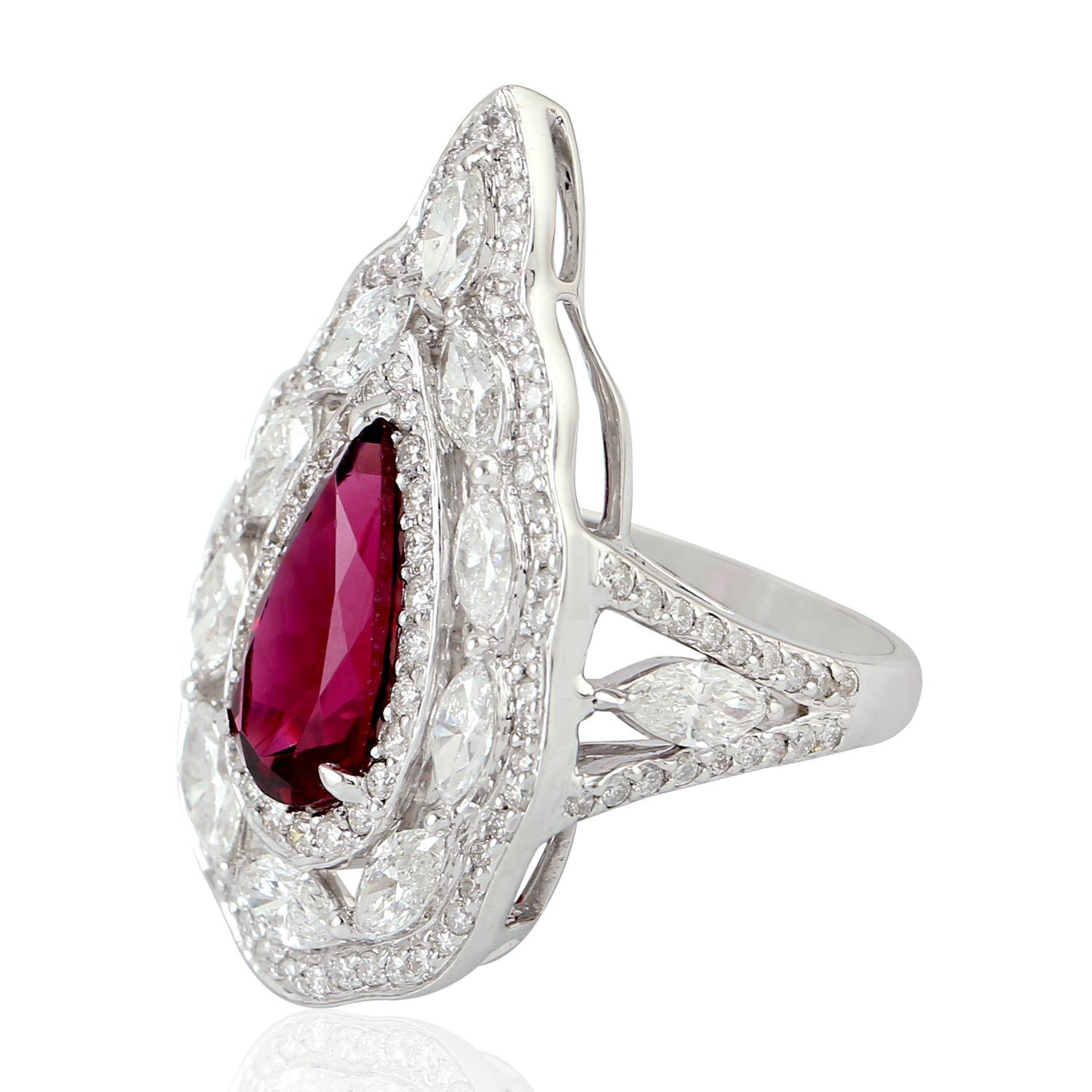 Art Deco Pear Shaped Red Tourmaline Cocktail Ring With Diamonds In 18k White Gold For Sale