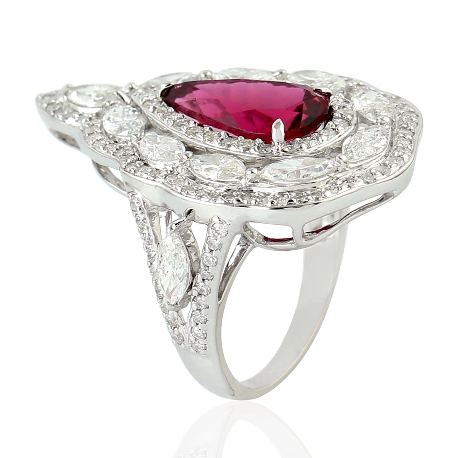 Mixed Cut Pear Shaped Red Tourmaline Cocktail Ring With Diamonds In 18k White Gold For Sale