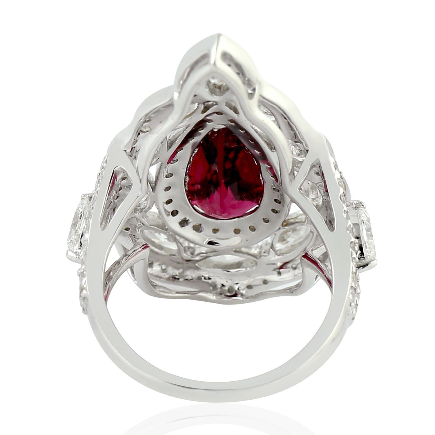 Pear Shaped Red Tourmaline Cocktail Ring With Diamonds In 18k White Gold In New Condition For Sale In New York, NY