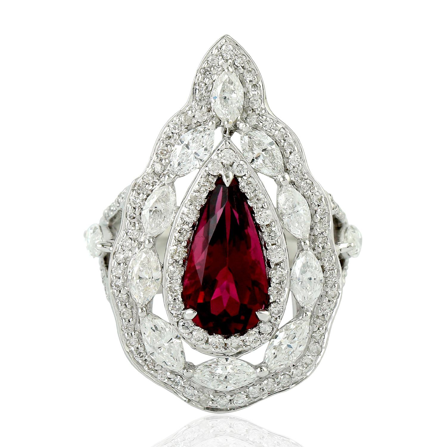 Women's Pear Shaped Red Tourmaline Cocktail Ring With Diamonds In 18k White Gold For Sale