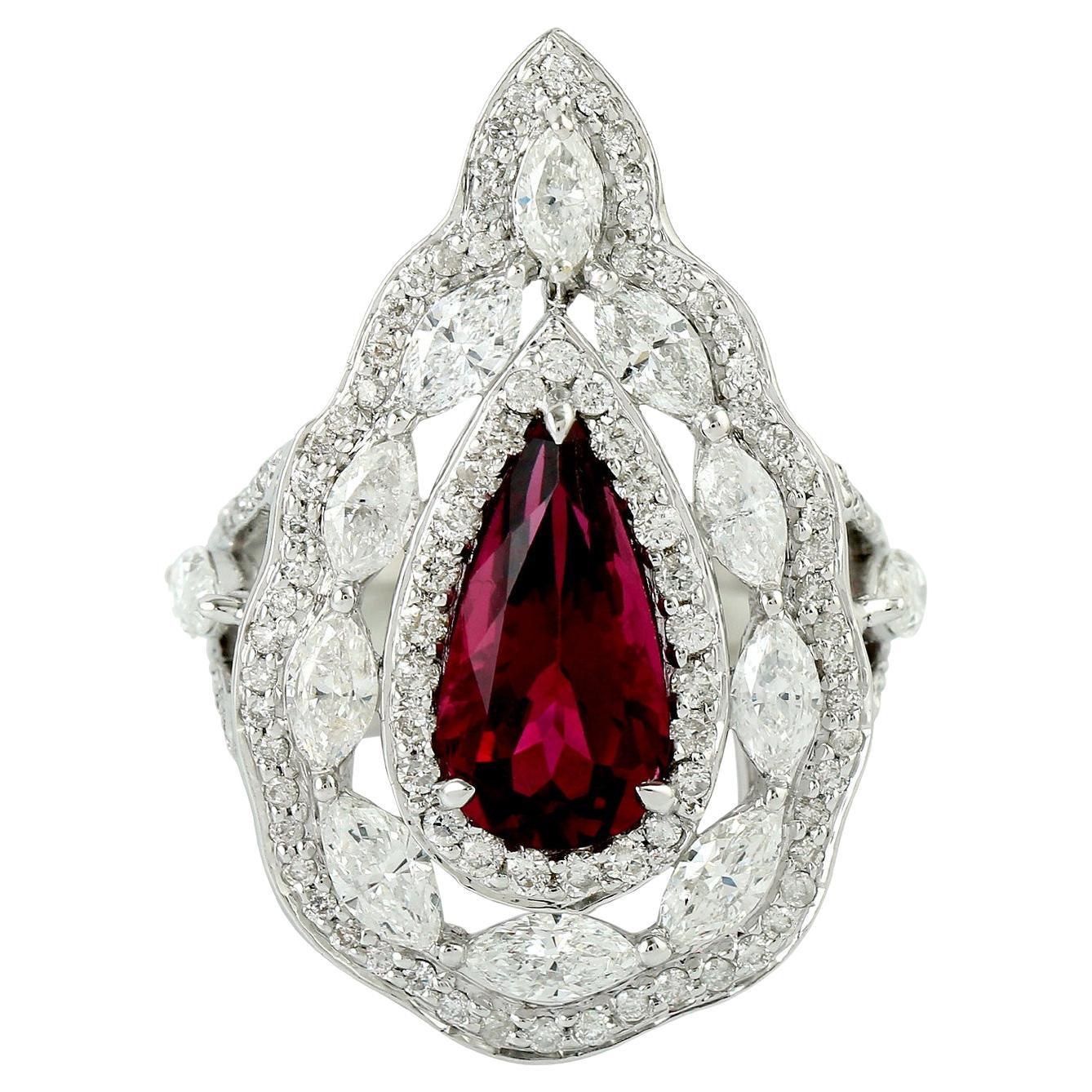 Pear Shaped Red Tourmaline Cocktail Ring With Diamonds In 18k White Gold For Sale