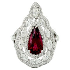 Pear Shaped Red Tourmaline Cocktail Ring With Diamonds In 18k White Gold