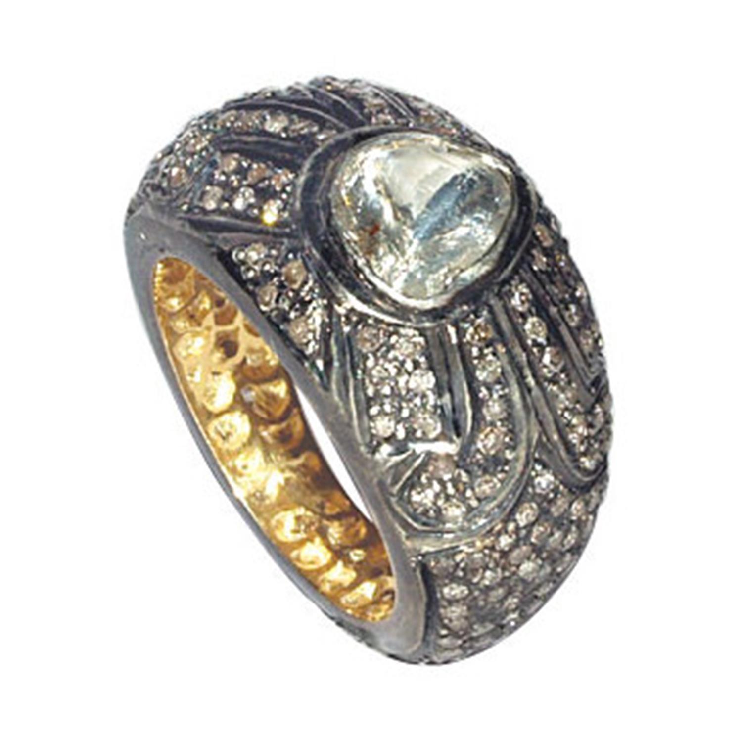 Pear Shaped Rose Cut Diamond Ring Made In 14k Gold & Silver In New Condition For Sale In New York, NY
