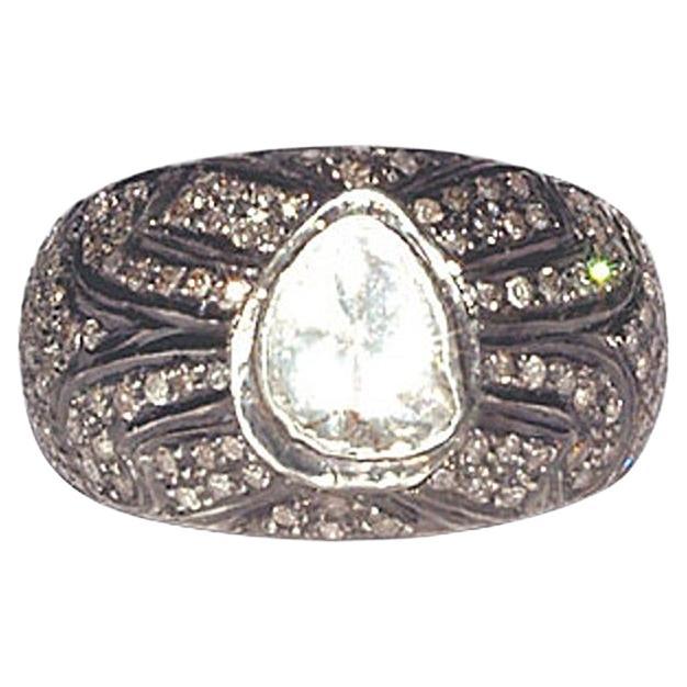 Pear Shaped Rose Cut Diamond Ring Made In 14k Gold & Silver For Sale