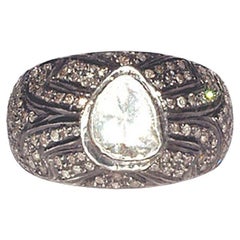 Birnenförmiger Diamantring mit Rosenschliff aus 14k Gold und Silber
