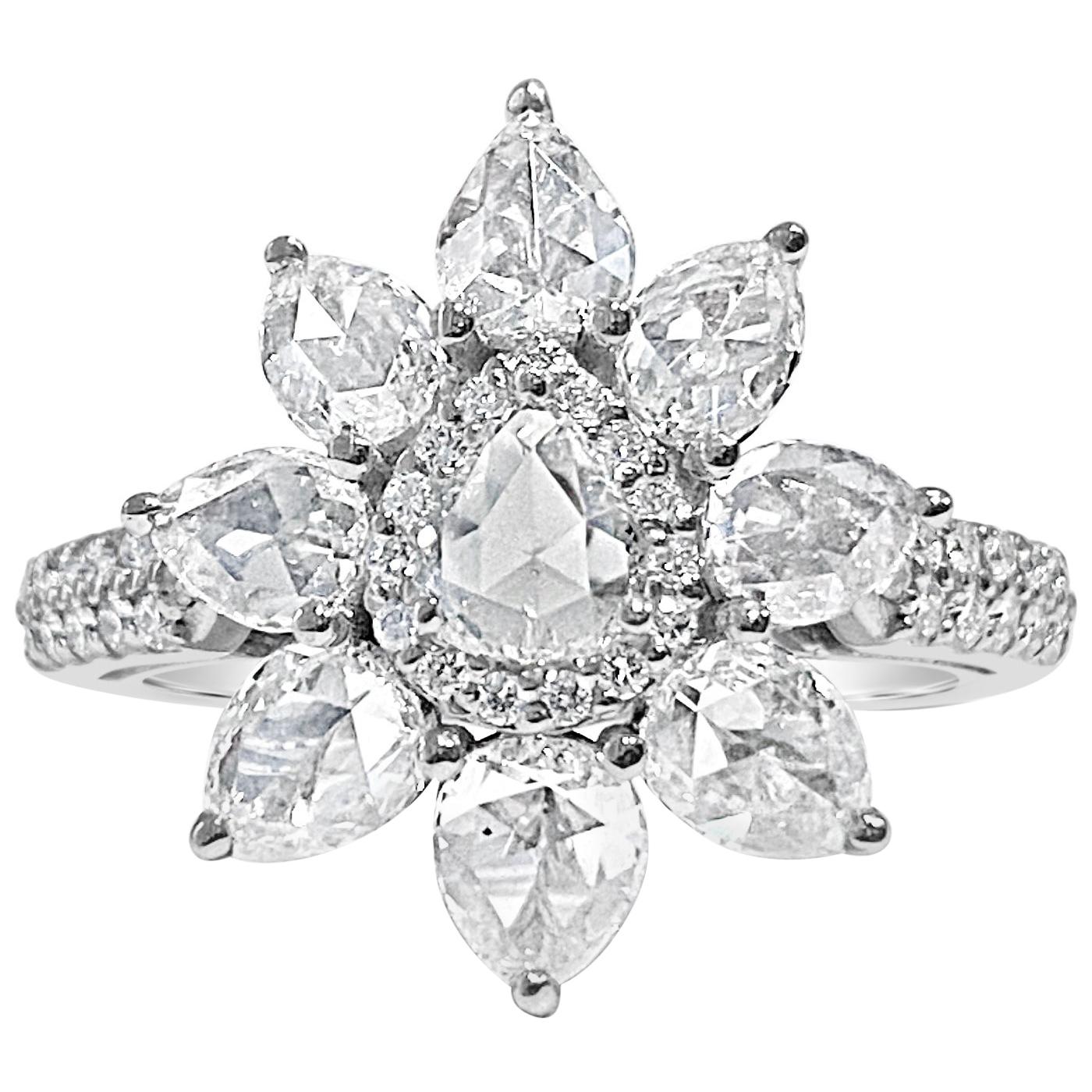 Pear Shaped Rose Cut Diamond Ring with Round Brilliant Diamonds, 18 Karat Gold