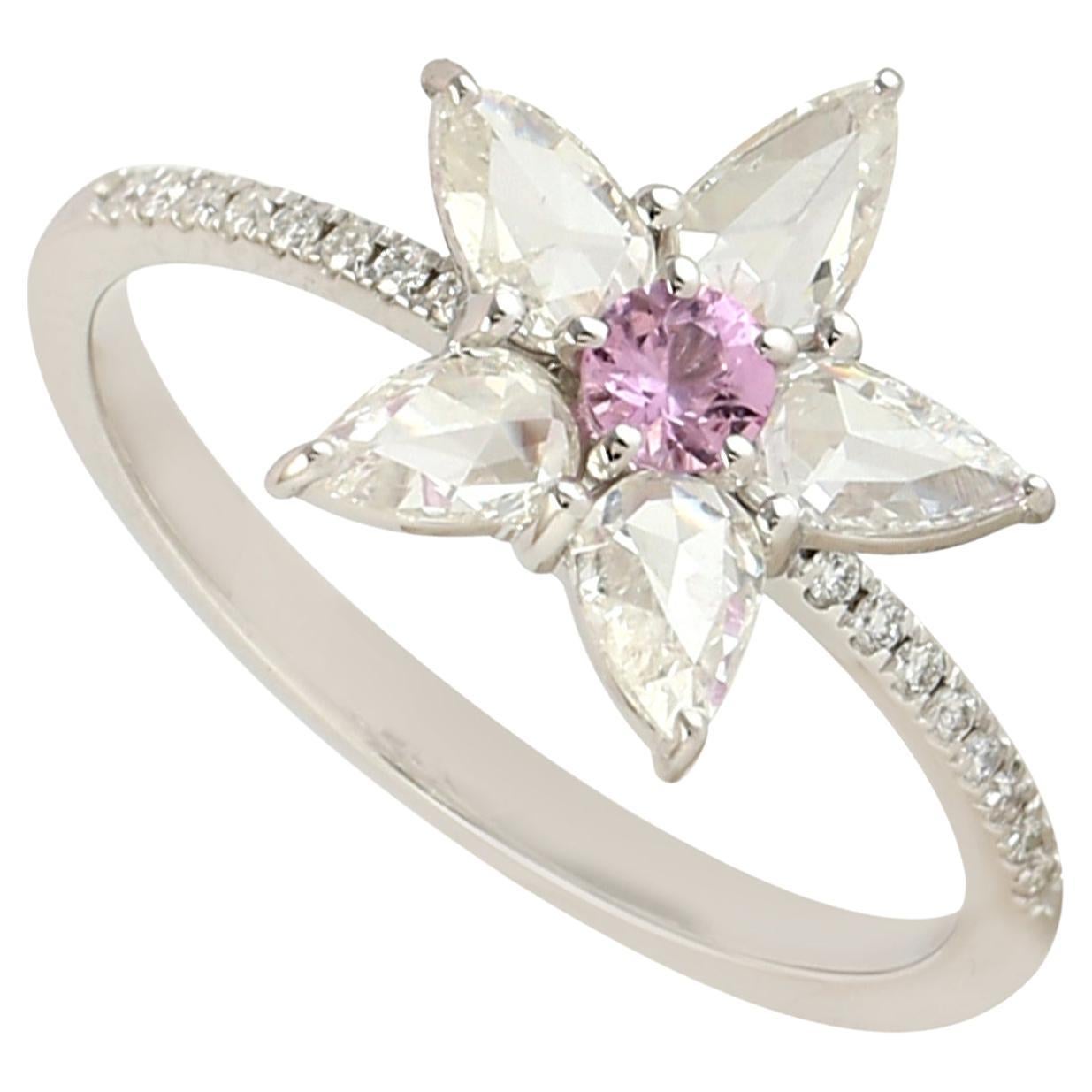 Pear Shaped Rose Cut Diamonds & Pink Sapphire Floral Ring Made In 18k White Gold