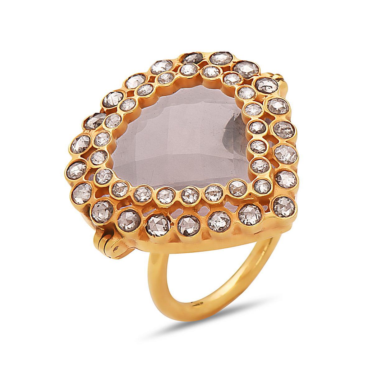 Rose Cut Pear Shaped Rose Quartz Cocktail Ring With Diamonds Made In 18k Yellow Gold For Sale