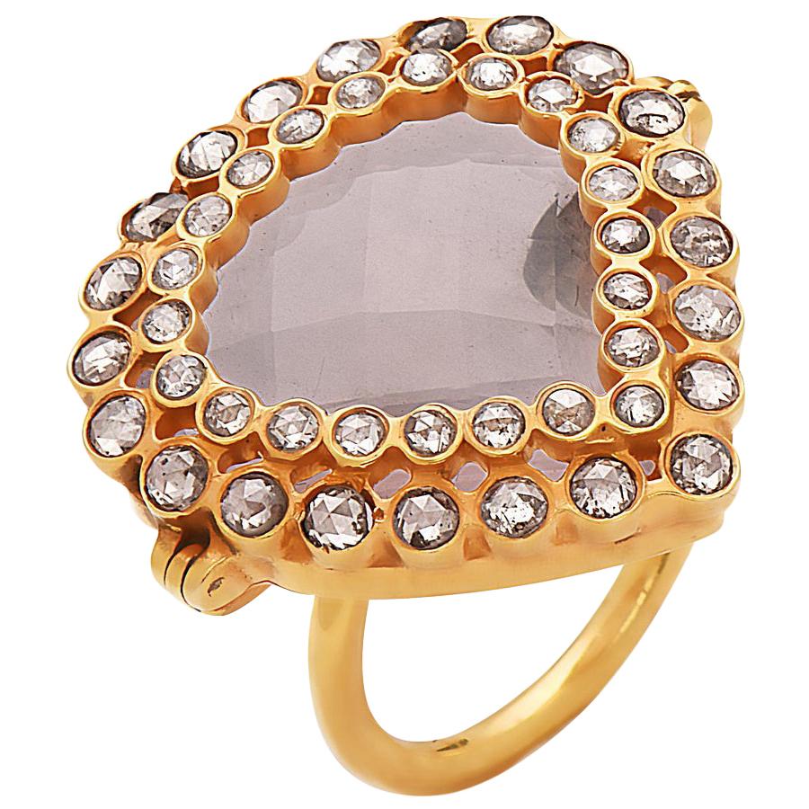 Pear Shaped Rose Quartz Cocktail Ring With Diamonds Made In 18k Yellow Gold For Sale