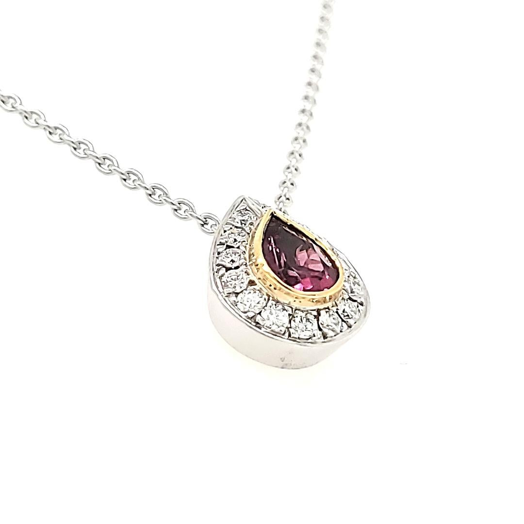 Contemporary Pear-Shaped Rubellite Cts 0.80 Diamond Pendant with 18k White Gold Chain For Sale