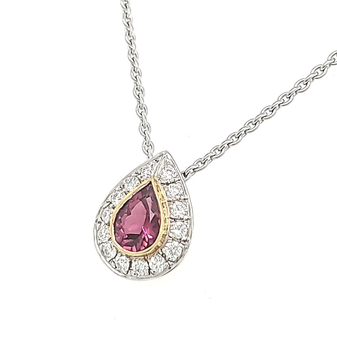 Pear Cut Pear-Shaped Rubellite Cts 0.80 Diamond Pendant with 18k White Gold Chain For Sale