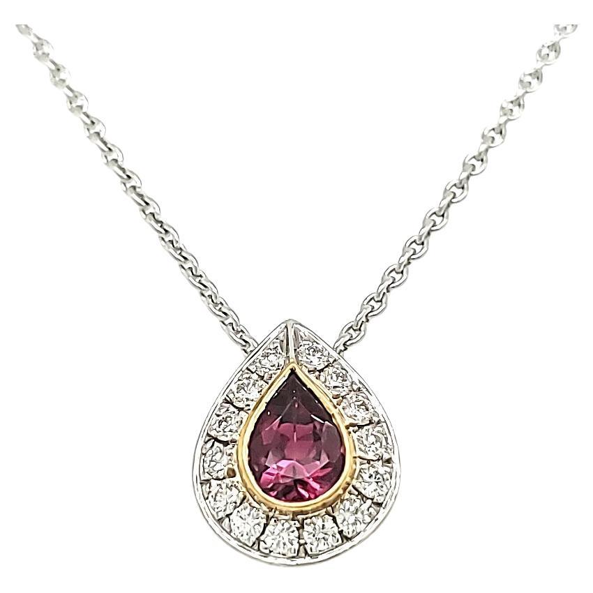 Pear-Shaped Rubellite Cts 0.80 Diamond Pendant with 18k White Gold Chain For Sale