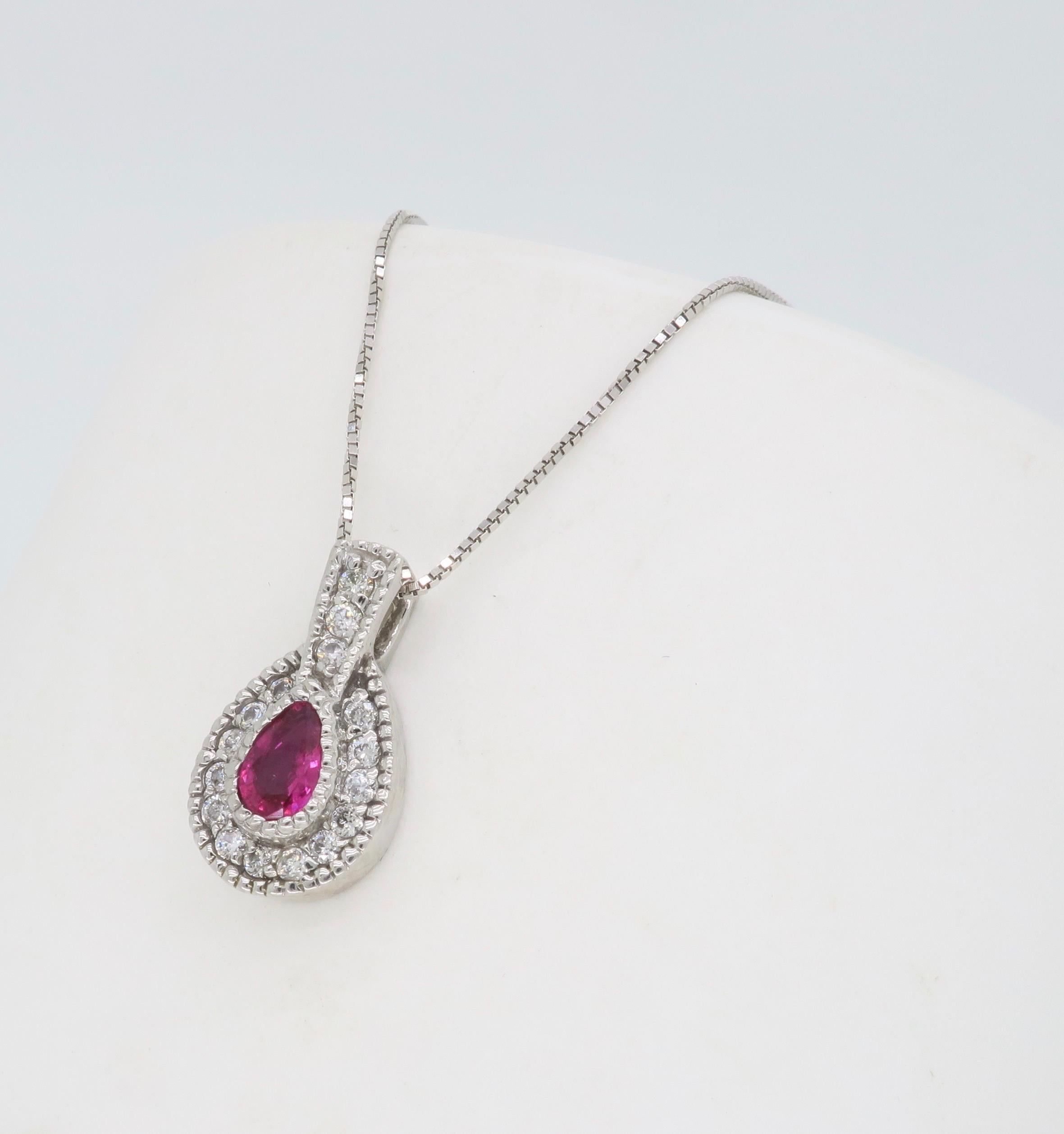 Pear Shaped Ruby and Diamond Halo Pendant Necklace In New Condition In Webster, NY