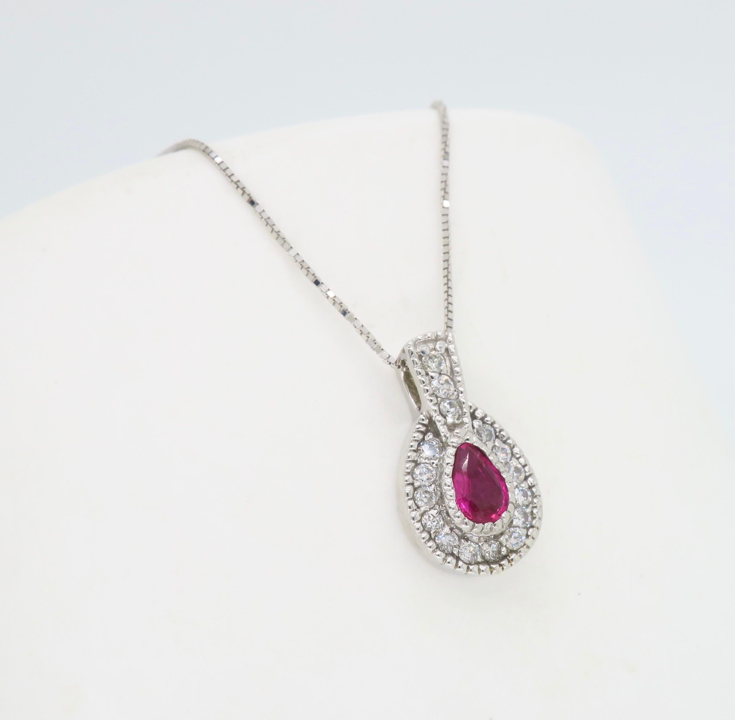 Women's or Men's Pear Shaped Ruby and Diamond Halo Pendant Necklace