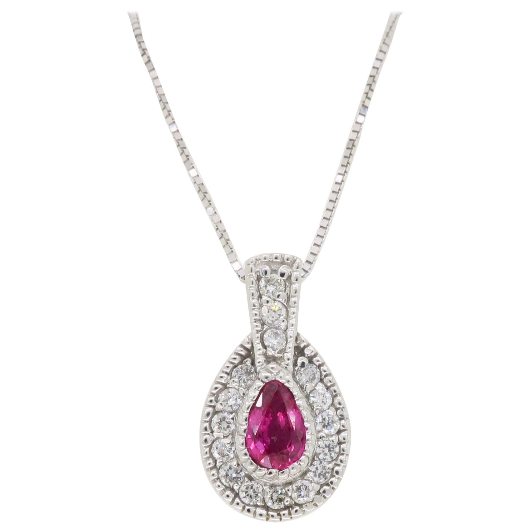 Pear Shaped Ruby and Diamond Halo Pendant Necklace