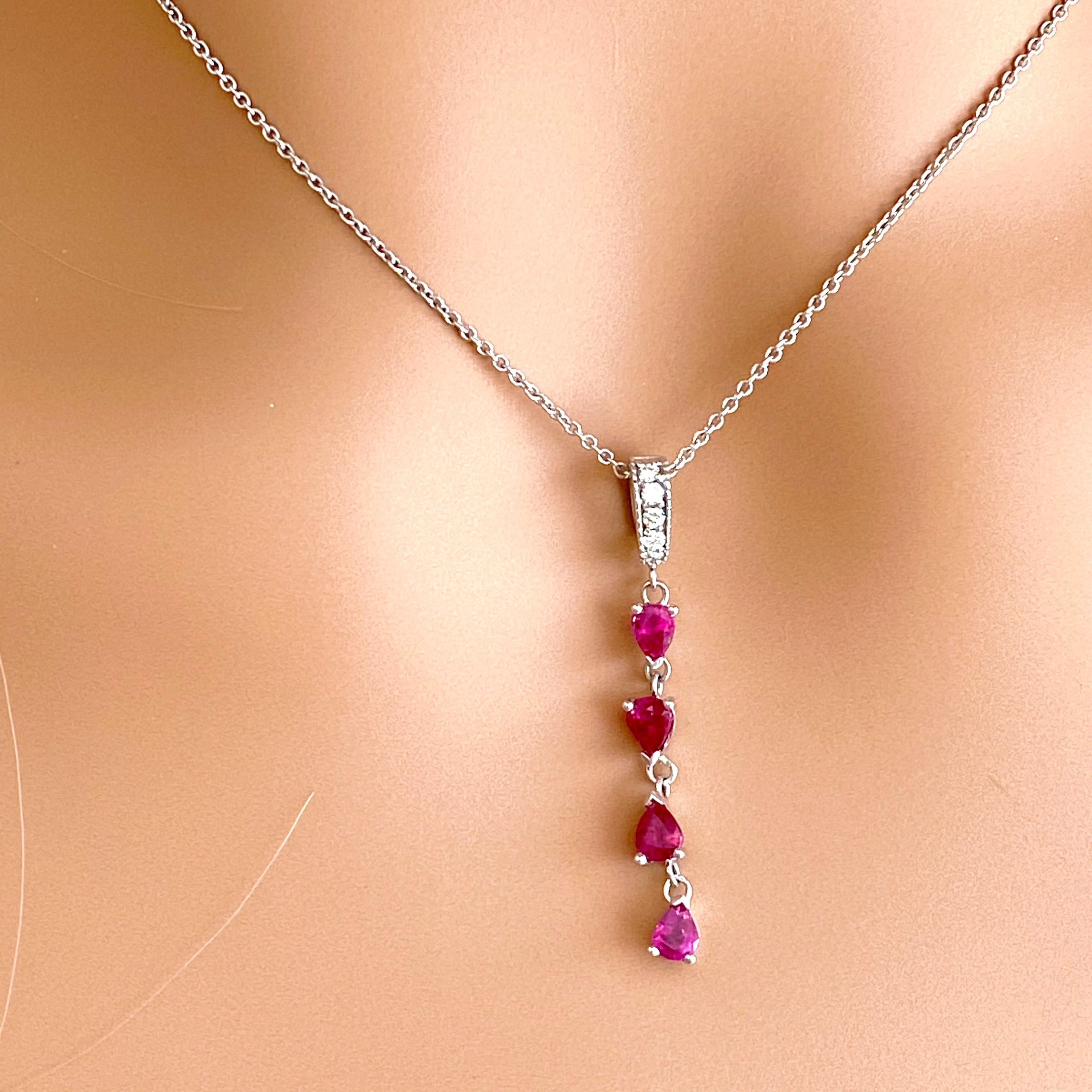 Contemporary Pear Shaped Ruby and Diamond Lariat White Gold Drop Necklace Pendant