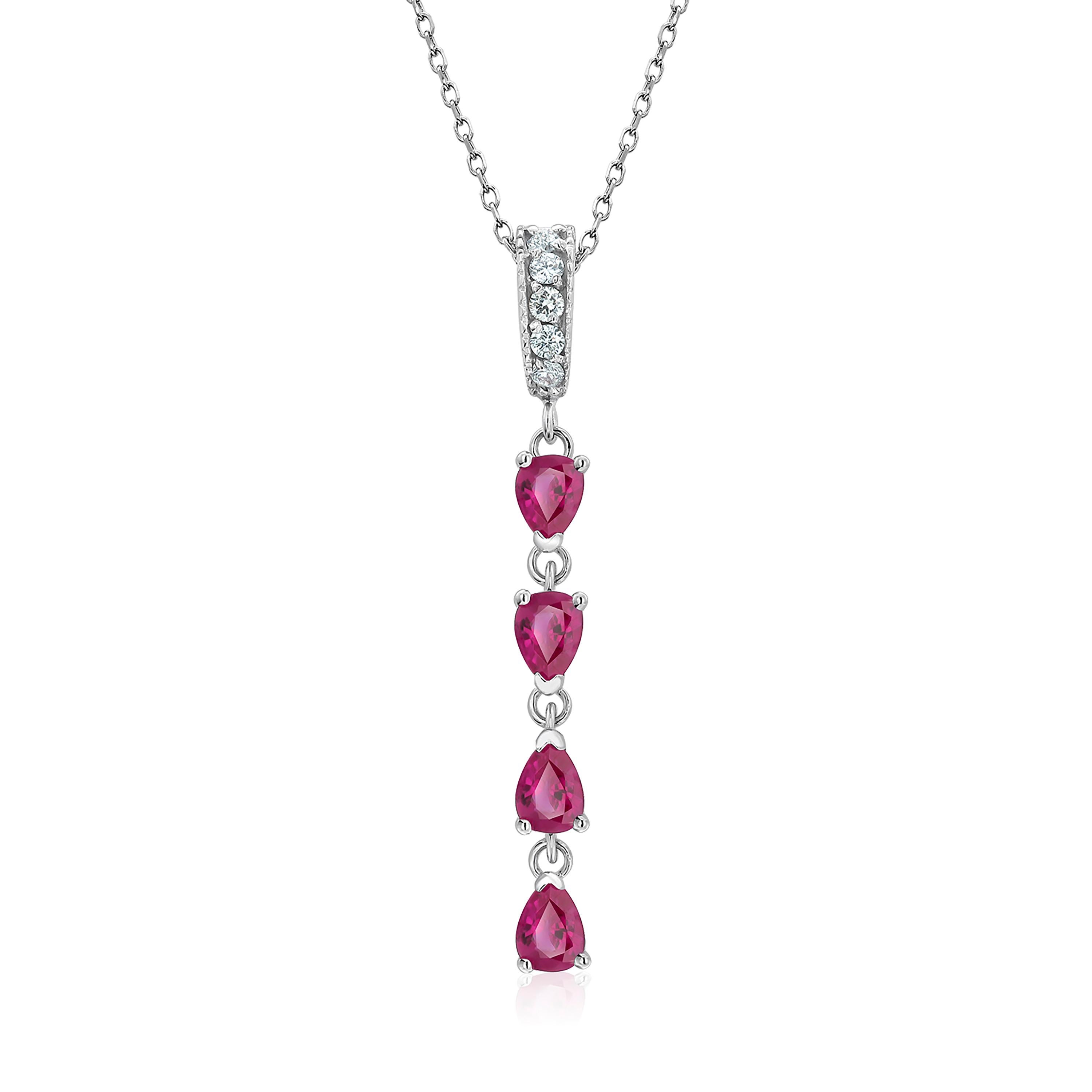 Pear Cut Pear Shaped Ruby and Diamond Lariat White Gold Drop Necklace Pendant