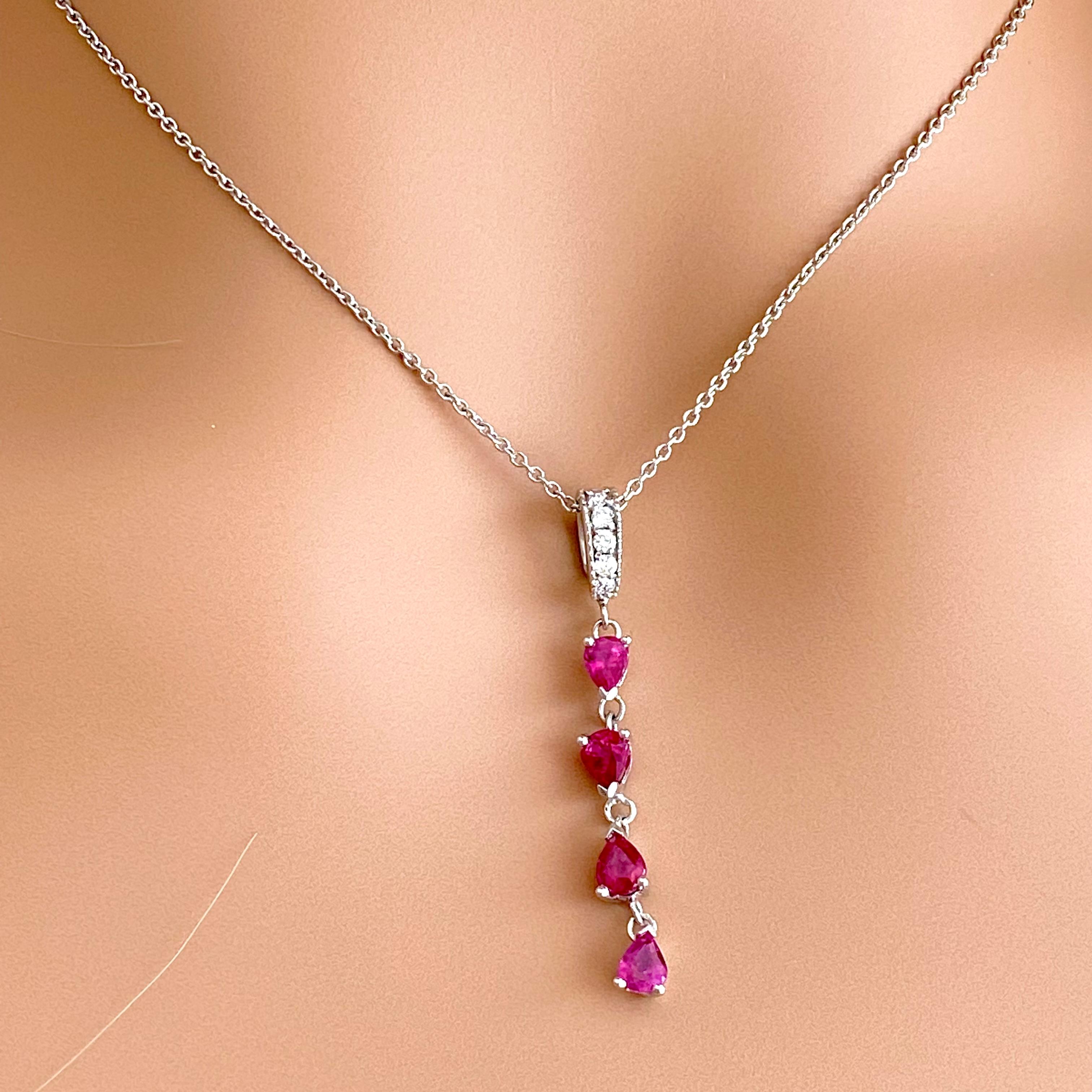 Pear Shaped Ruby and Diamond Lariat White Gold Drop Necklace Pendant In New Condition In New York, NY