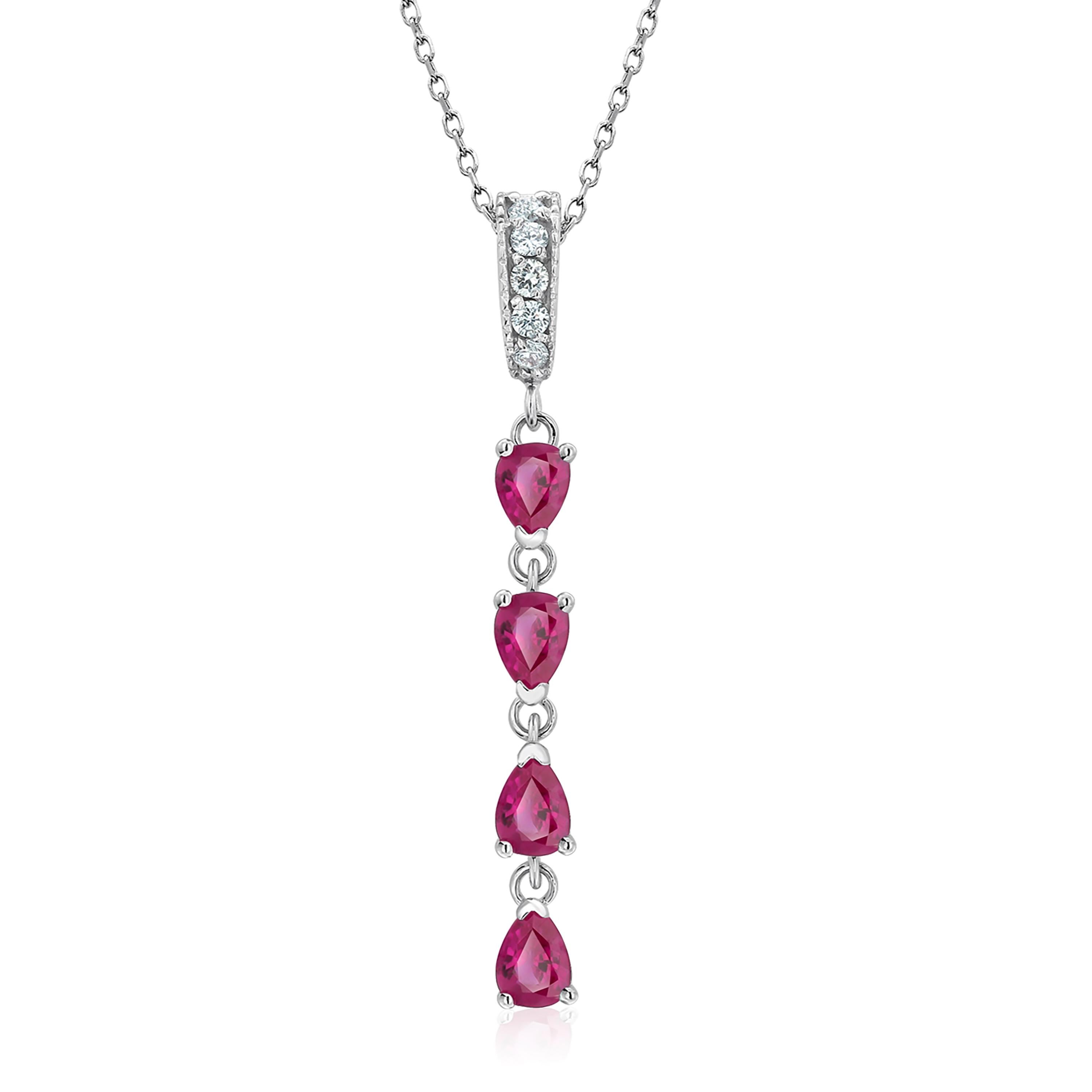 Women's or Men's Pear Shaped Ruby and Diamond Lariat White Gold Drop Necklace Pendant