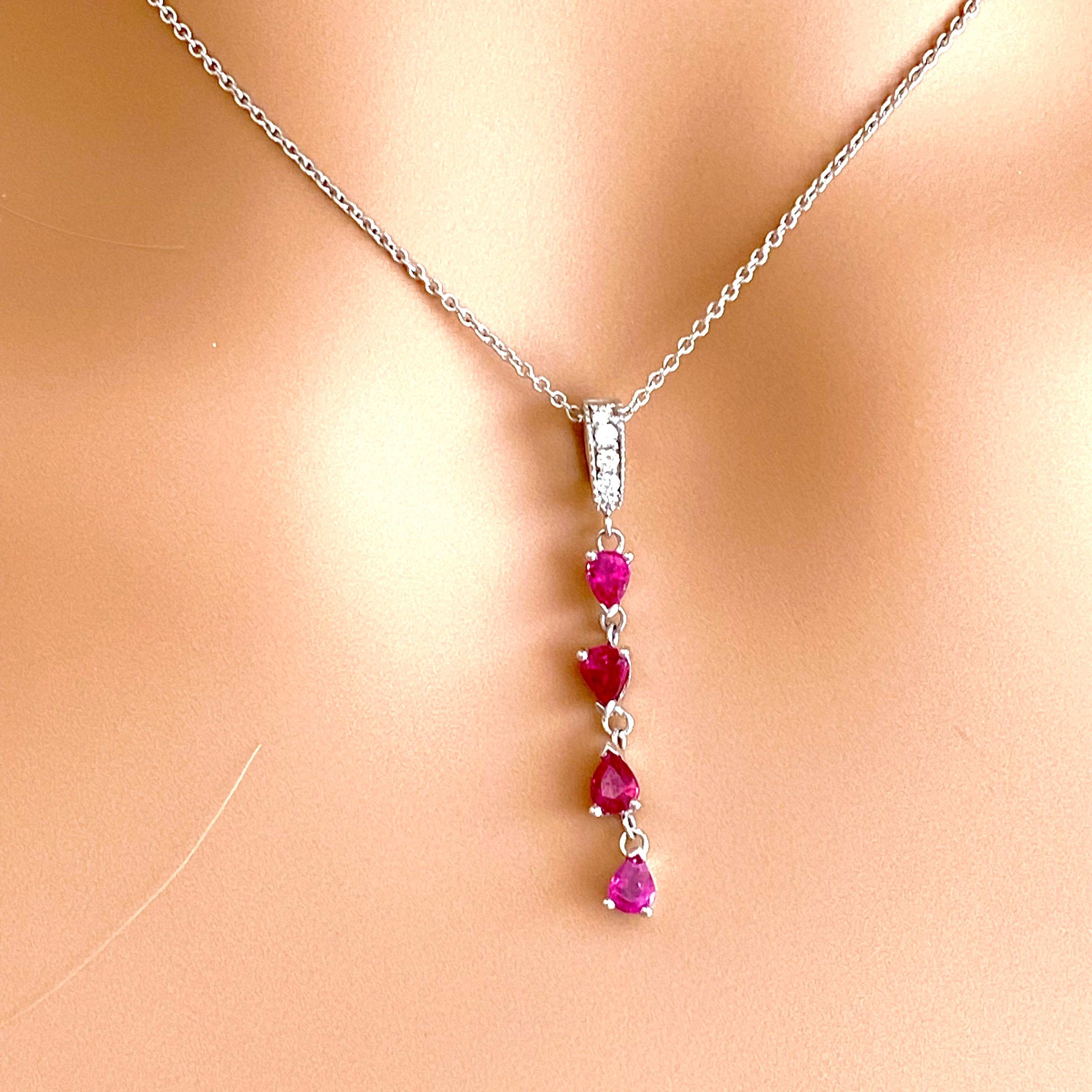 Pear Shaped Ruby and Diamond Lariat White Gold Drop Necklace Pendant 1