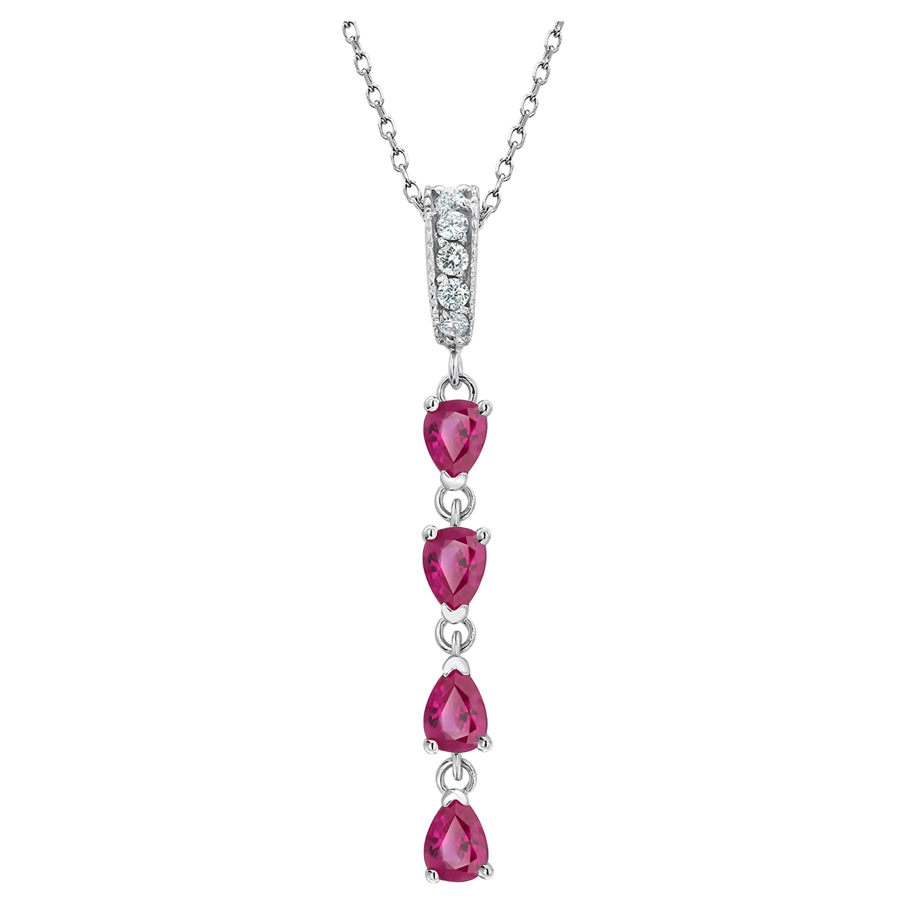 Pear Shaped Ruby and Diamond Lariat White Gold Drop Necklace Pendant