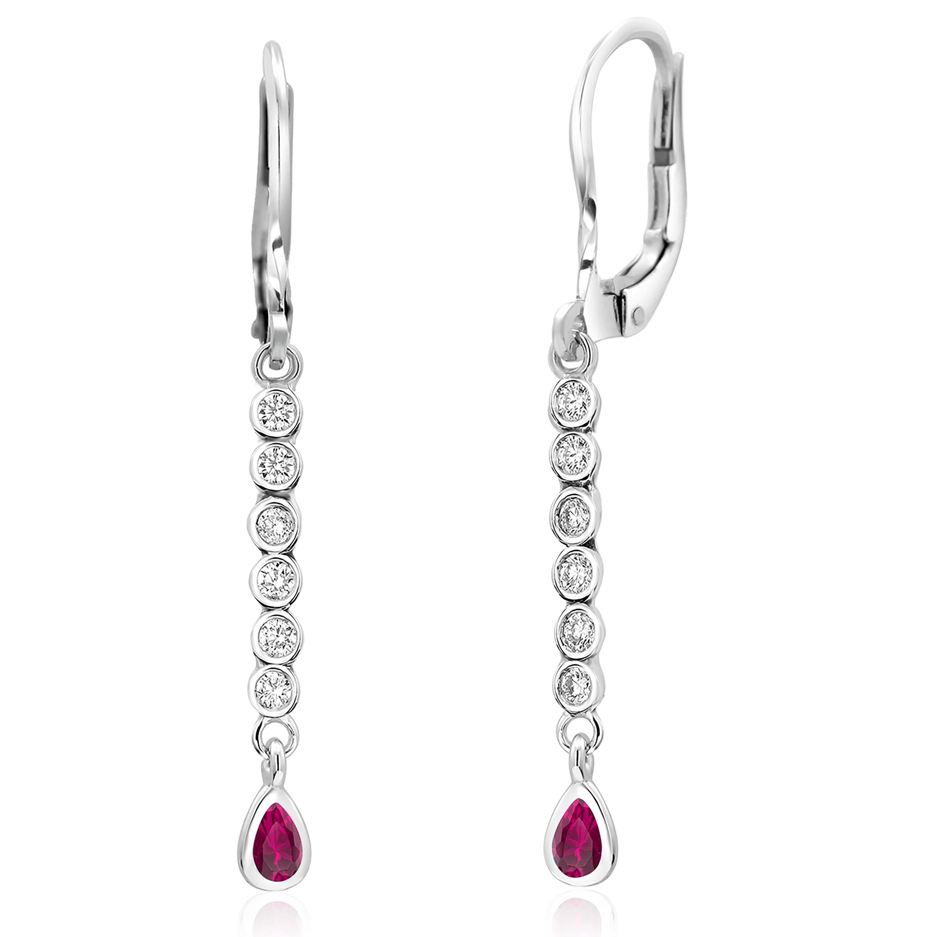 Pear Cut Pear Shaped Ruby and Diamonds White Gold Lever Back Earrings