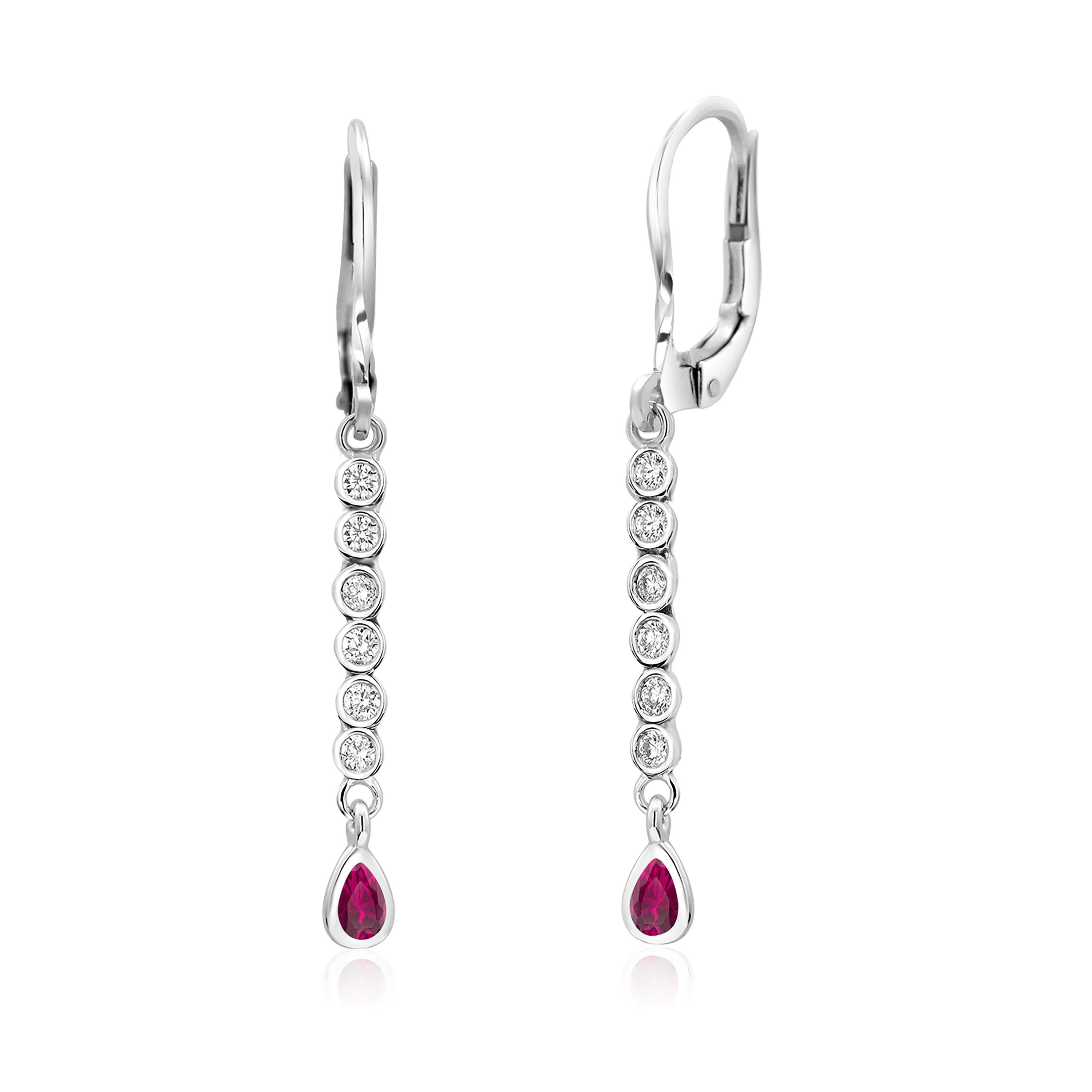 Women's or Men's Pear Shaped Ruby and Diamonds White Gold Lever Back Earrings