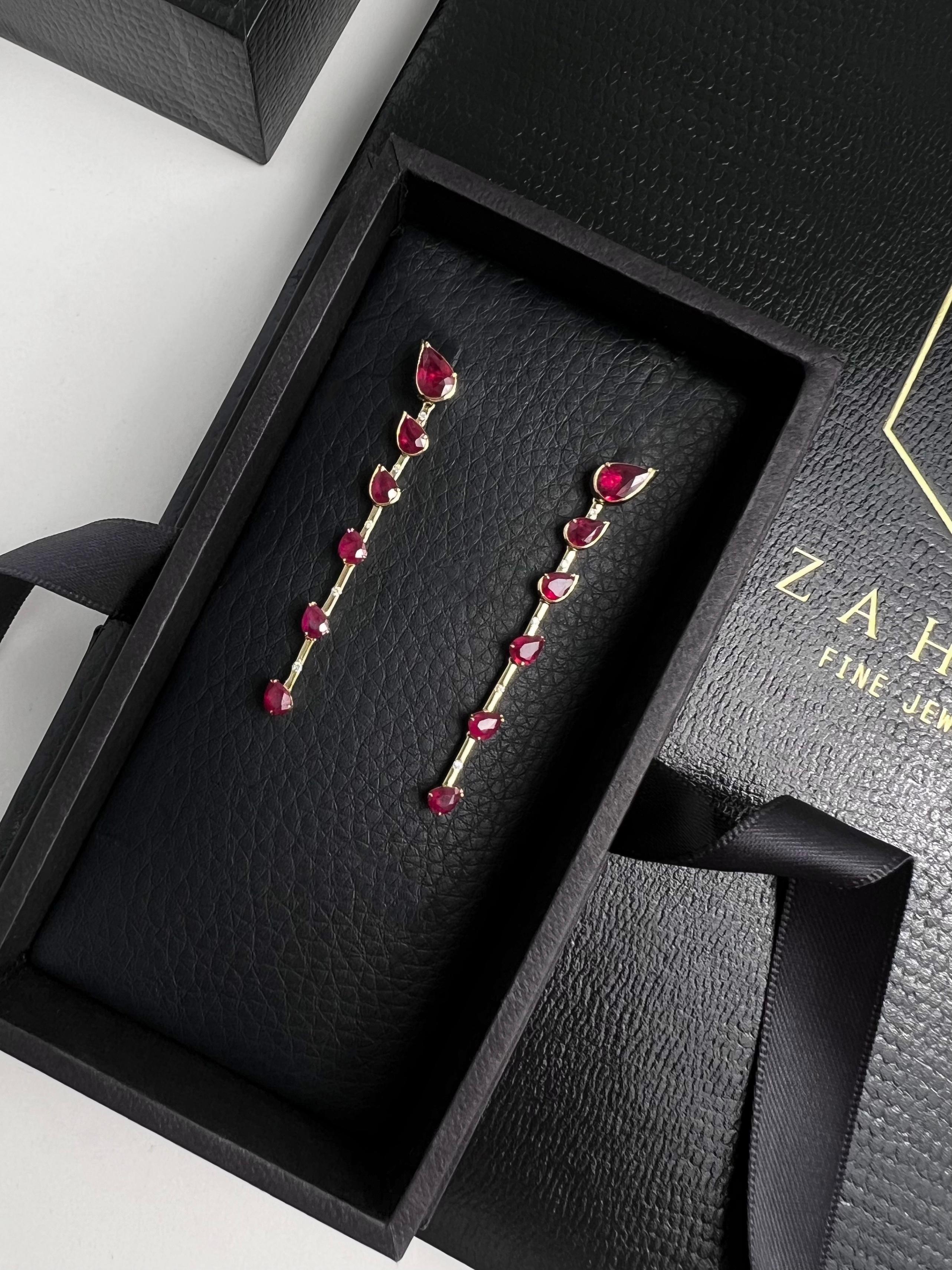 Modern Pear Shaped Ruby Dangle Earrings in 18k Yellow Gold For Sale