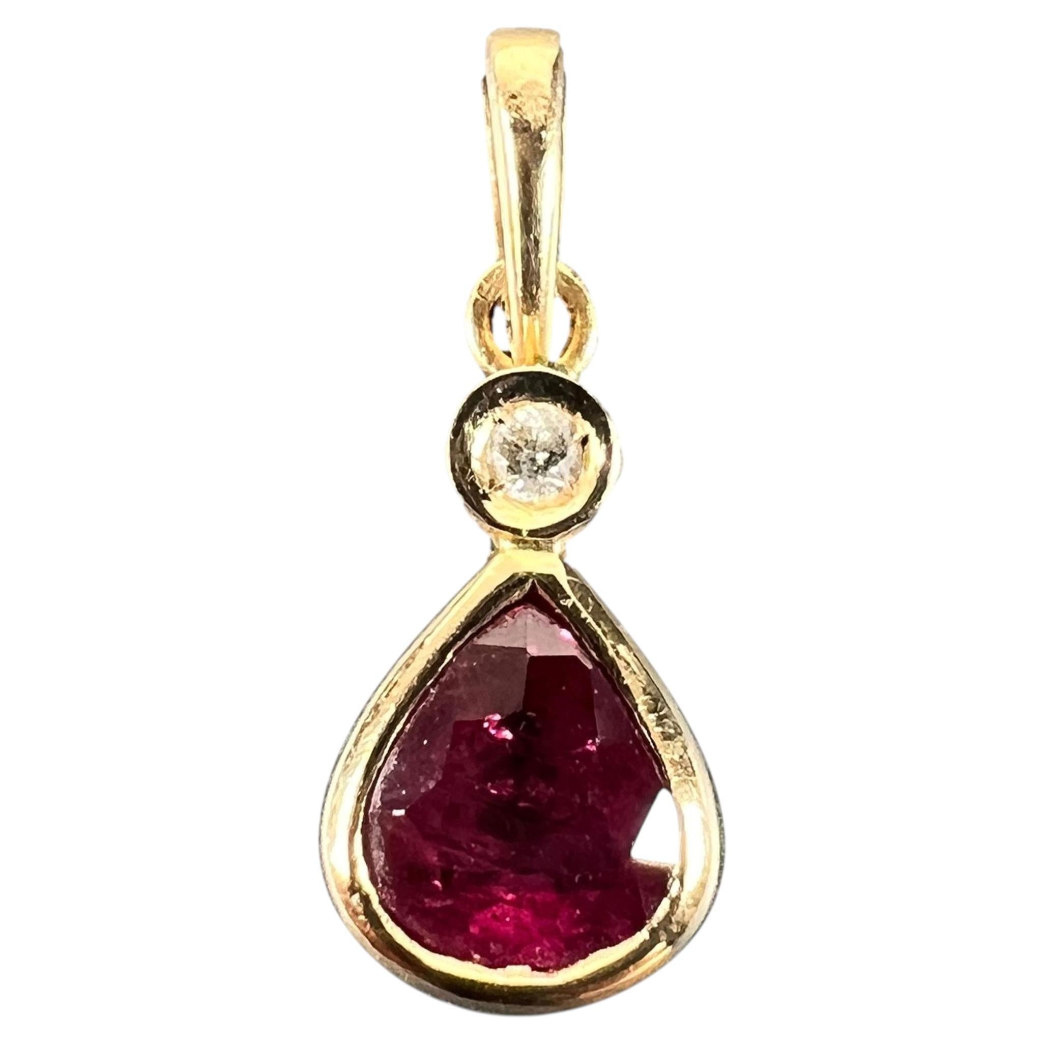 Pear Shaped Ruby Diamond 18K Yellow Gold Charm Pendant