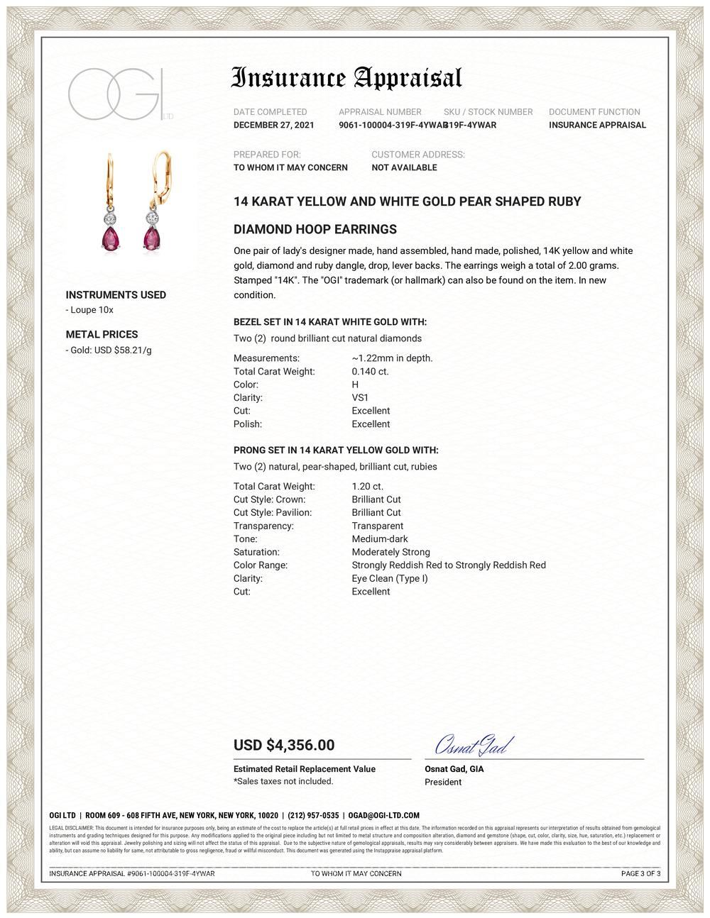 Fourteen karats white and yellow gold lever back drop hoop earrings 
Two pear-shaped Burma rubies weighing 1.20 carat 
Two Diamonds weighing 0.14 carat 
Earrings measuring 1 inch x 0.30 inch
One of a kind earrings 
New Earrings  
Pear shaped Burma