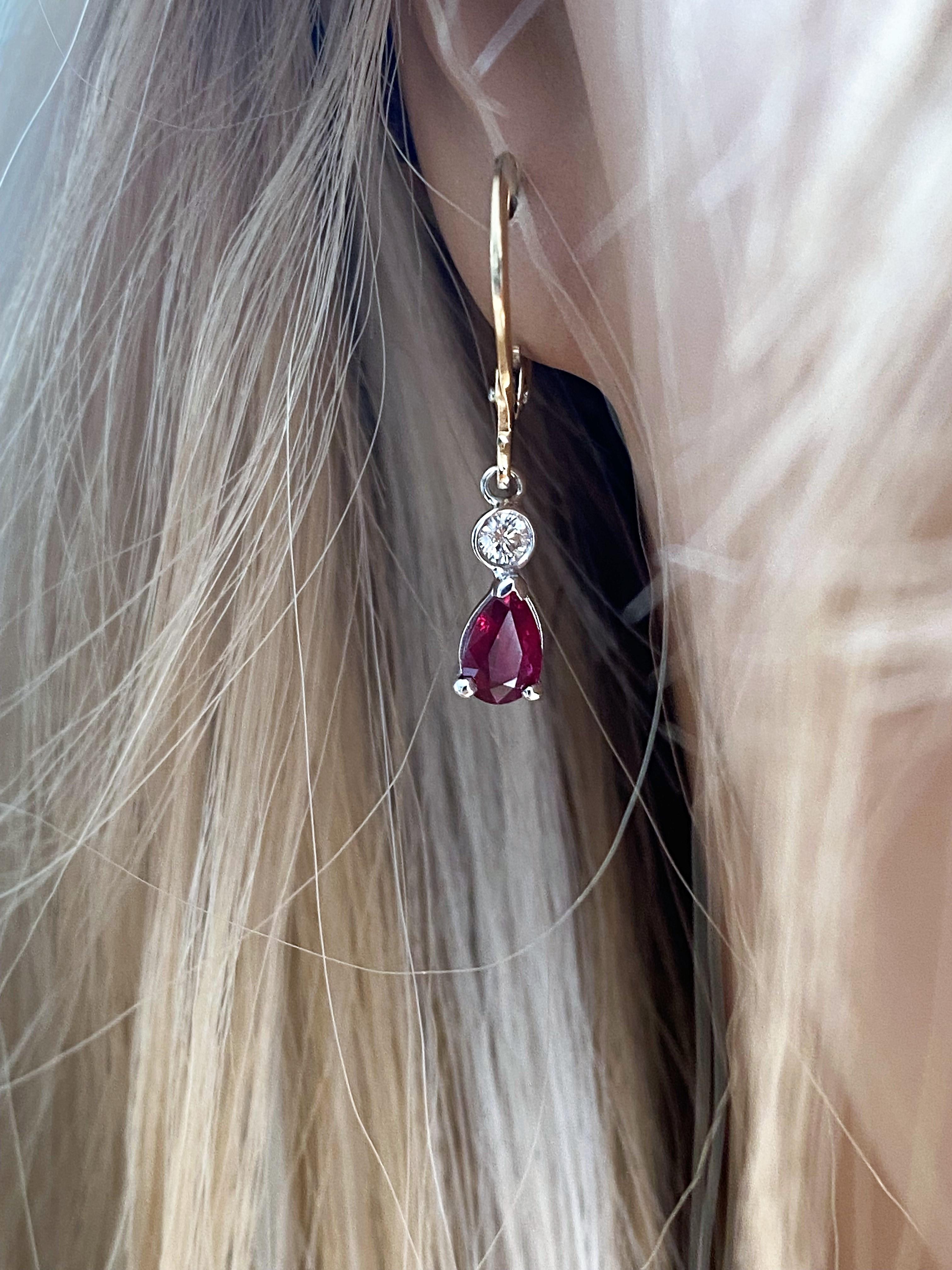 Pear Cut Pear Shaped Burma Ruby Diamond Gold Lever Back Hoop Earrings