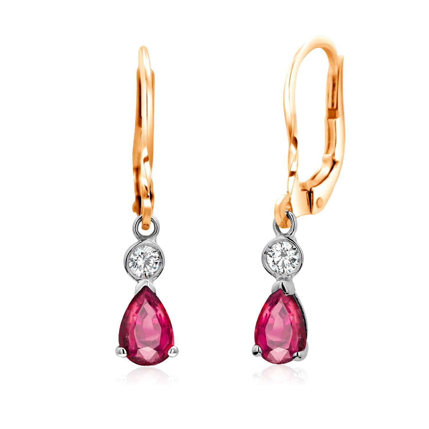 Pear Shaped Burma Ruby Diamond Gold Lever Back Hoop Earrings In New Condition In New York, NY