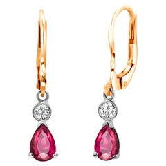 Pear Shaped Ruby Diamond Gold Lever Back Hoop Earrings