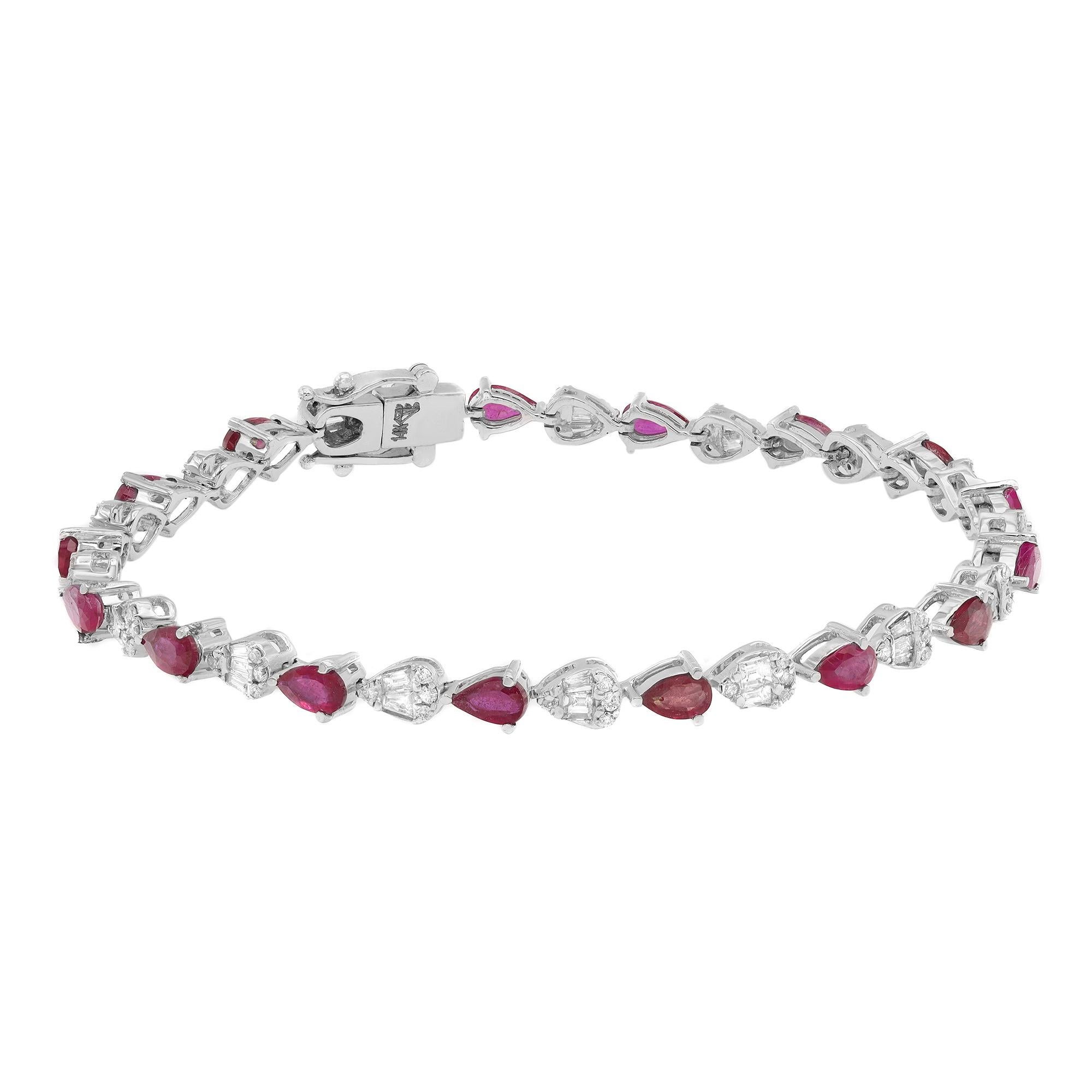 This beautifully crafted tennis bracelet features pear shaped Rubies with Baguette and round cut diamonds in prong and channel setting. Crafted in 14k white gold. Total diamond weight: 1.58 carats. Diamond Quality: G-H color and SI clarity. Total