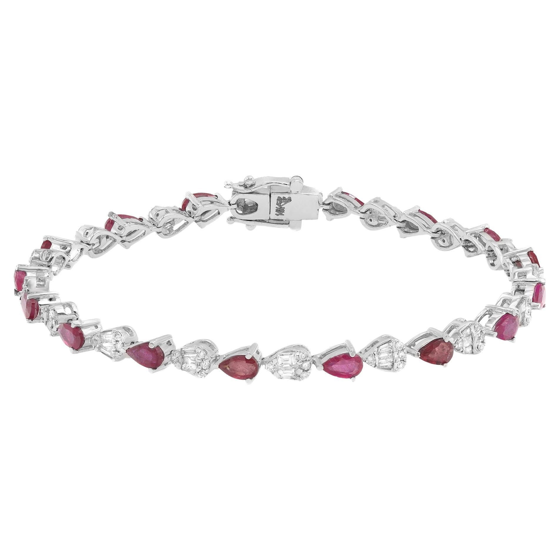 Pear Shaped Ruby & Diamond Tennis Bracelet 14K White Gold For Sale