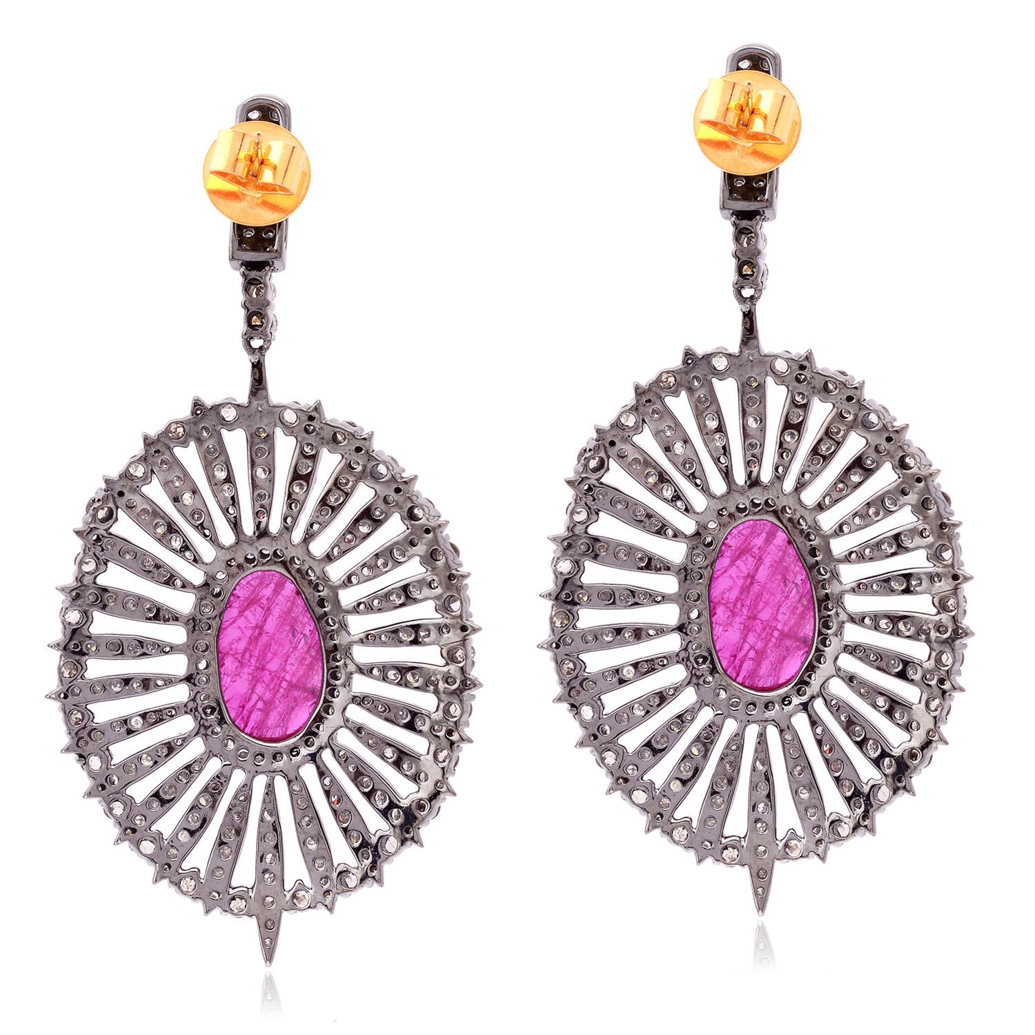 Art Nouveau Oval Shaped Ruby Sunburst Earrings with Pave Diamonds In 18k Gold & Silver For Sale