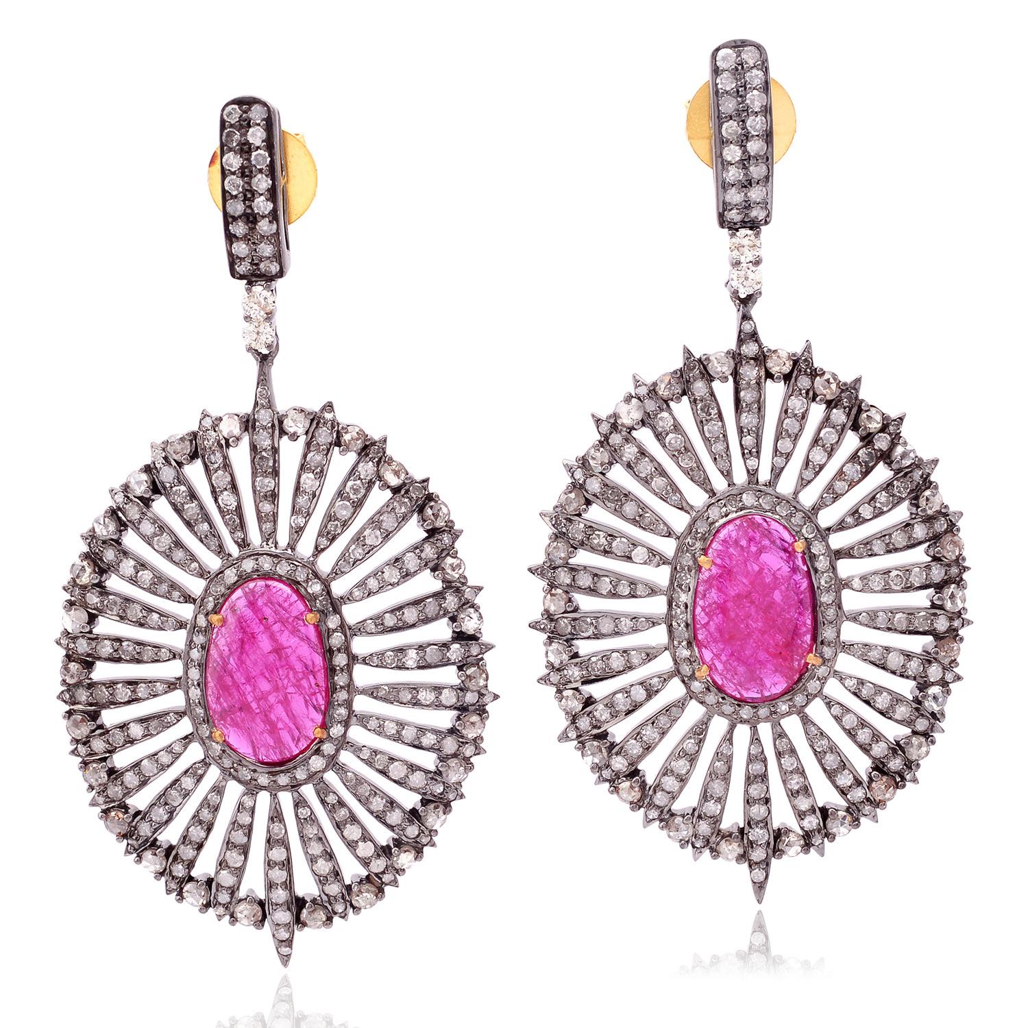Round Cut Oval Shaped Ruby Sunburst Earrings with Pave Diamonds In 18k Gold & Silver For Sale