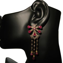Pear Shaped Ruby Long Earrings with Diamonds Made in 18k Gold