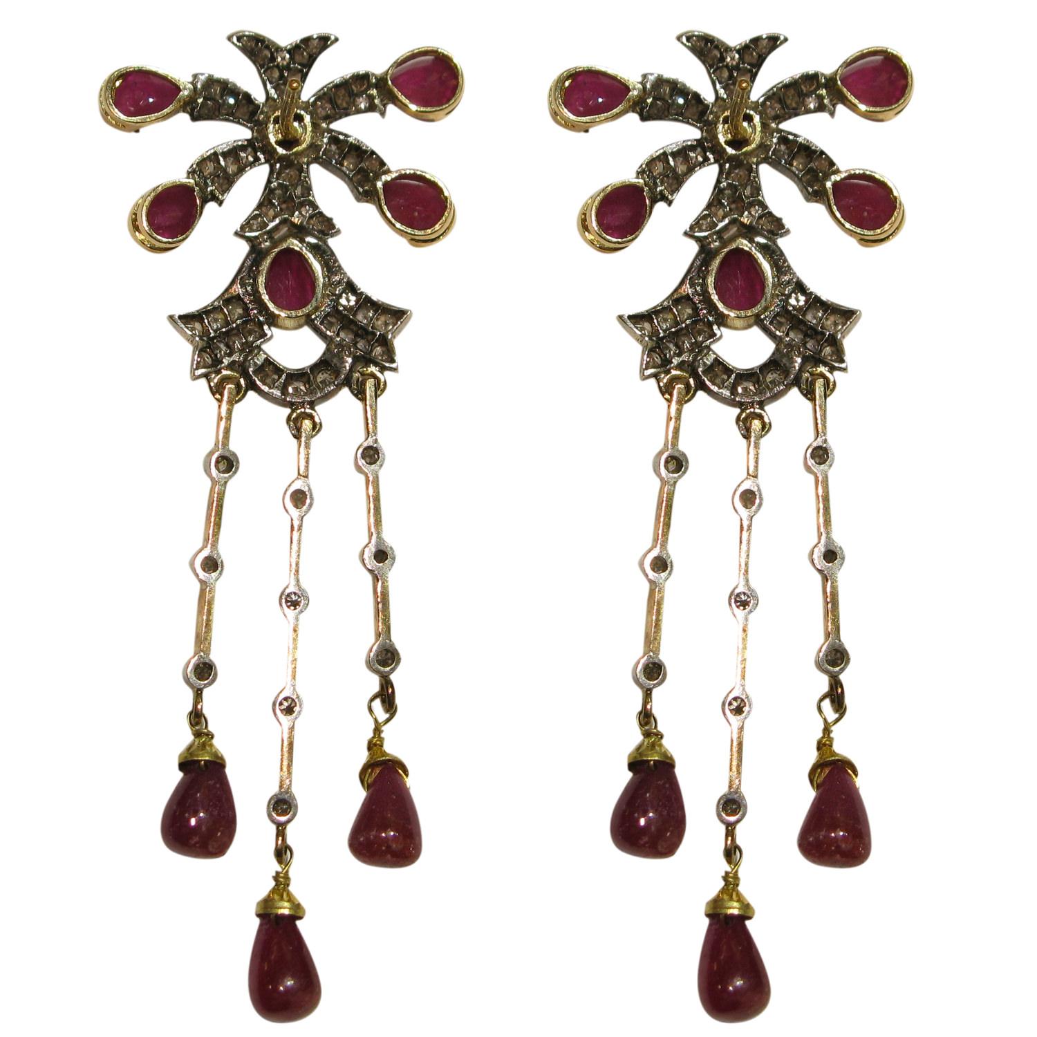 Artisan Pear Shaped Ruby Long Earrings with Diamonds Made in 18k Gold For Sale