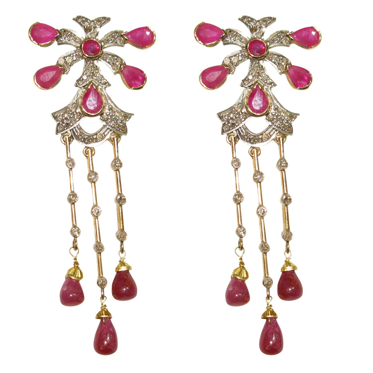 Mixed Cut Pear Shaped Ruby Long Earrings with Diamonds Made in 18k Gold For Sale