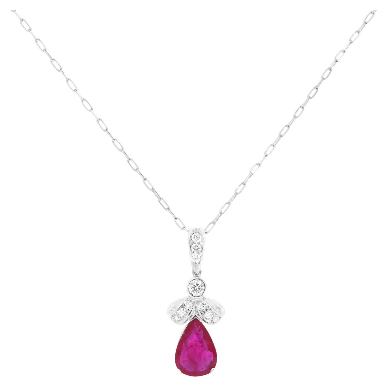 Pear Shaped Ruby Ribbon Diamond Pendant Mini Paperclip Chain 14K White Gold  For Sale