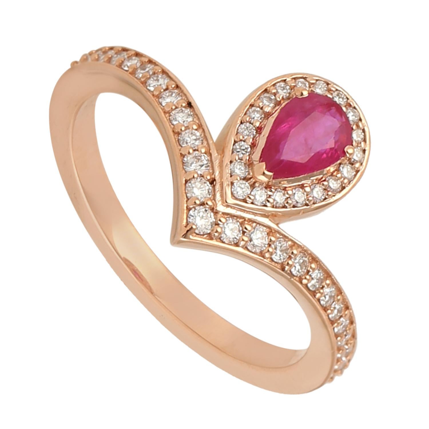 Mixed Cut Pear Shaped Ruby Ring Accented With Diamonds Made In 18k Rose Gold For Sale