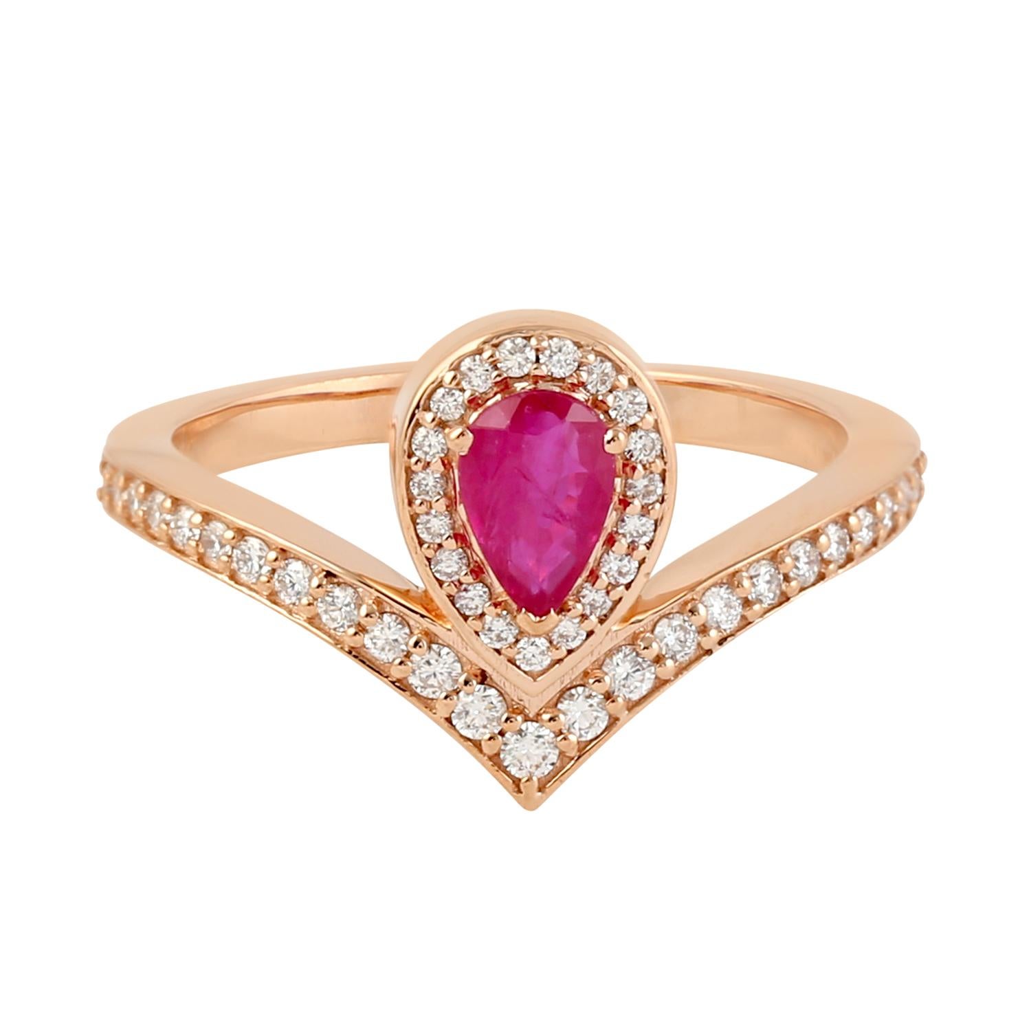 Mixed Cut Pear Shaped Ruby Ring Accented With Diamonds Made In 18k Rose Gold For Sale