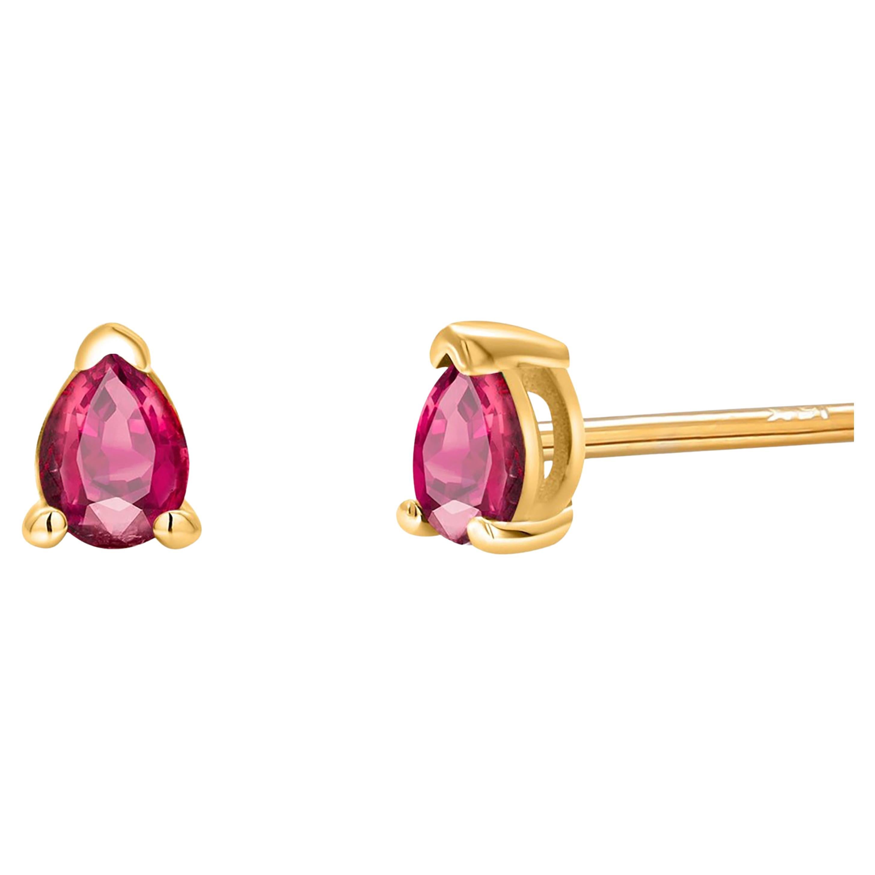 Pear Shaped Ruby Yellow Gold Mini Stud Earrings Second or Third Hole 